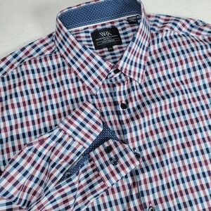 WRK 4 Way Stretch Men's 17.5 XL Blue/Burgundy Plaid Flip Cuff Long Sleeve Shirt